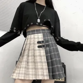 Double Color Strap Plaid Pleated Skirt SD01721