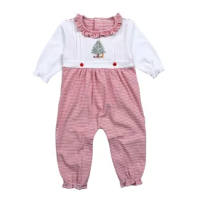 Embroidered Ruffle Pima Romper - Christmas Tree