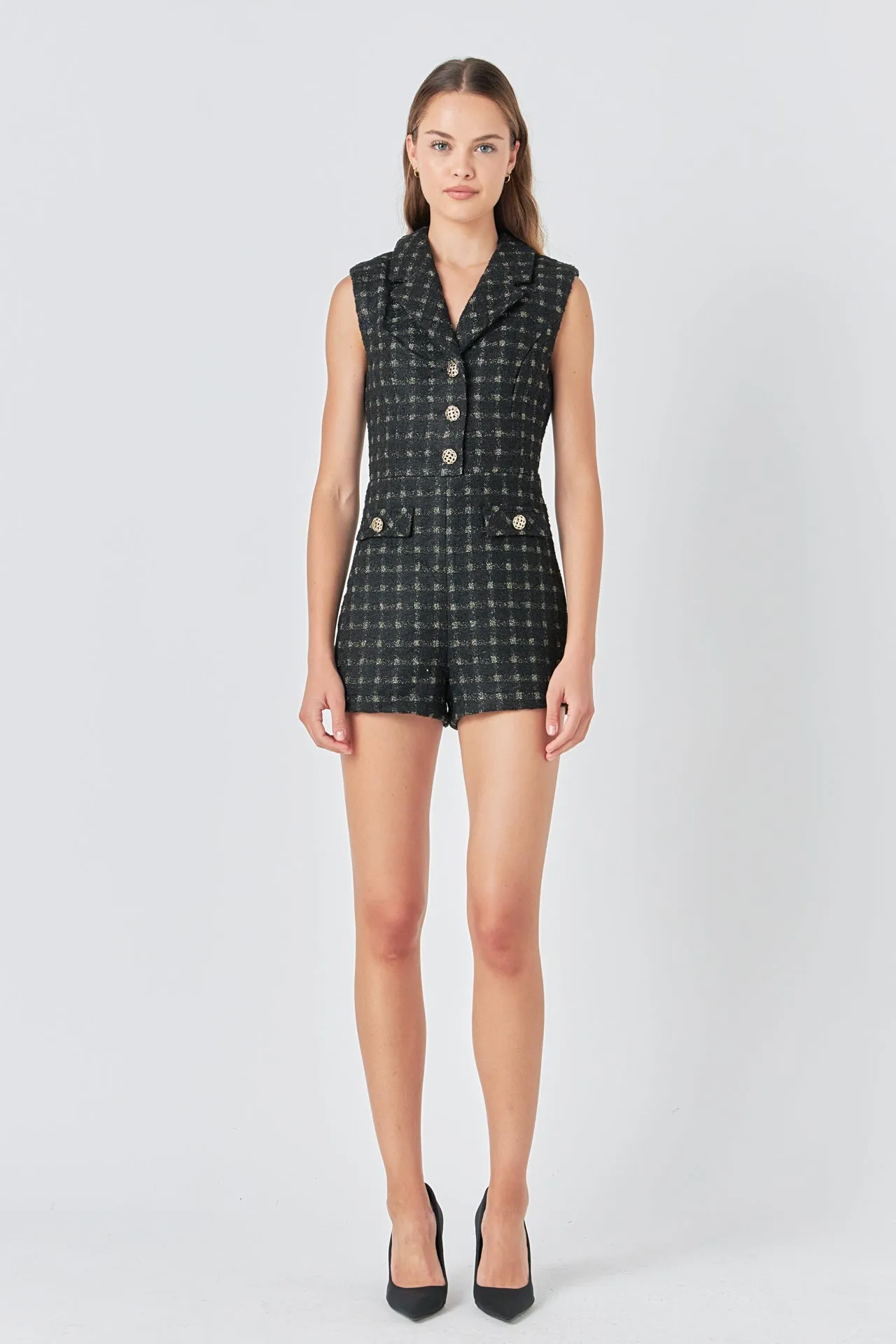 Endless Rose - Sleeveless Tweed Suited Romper