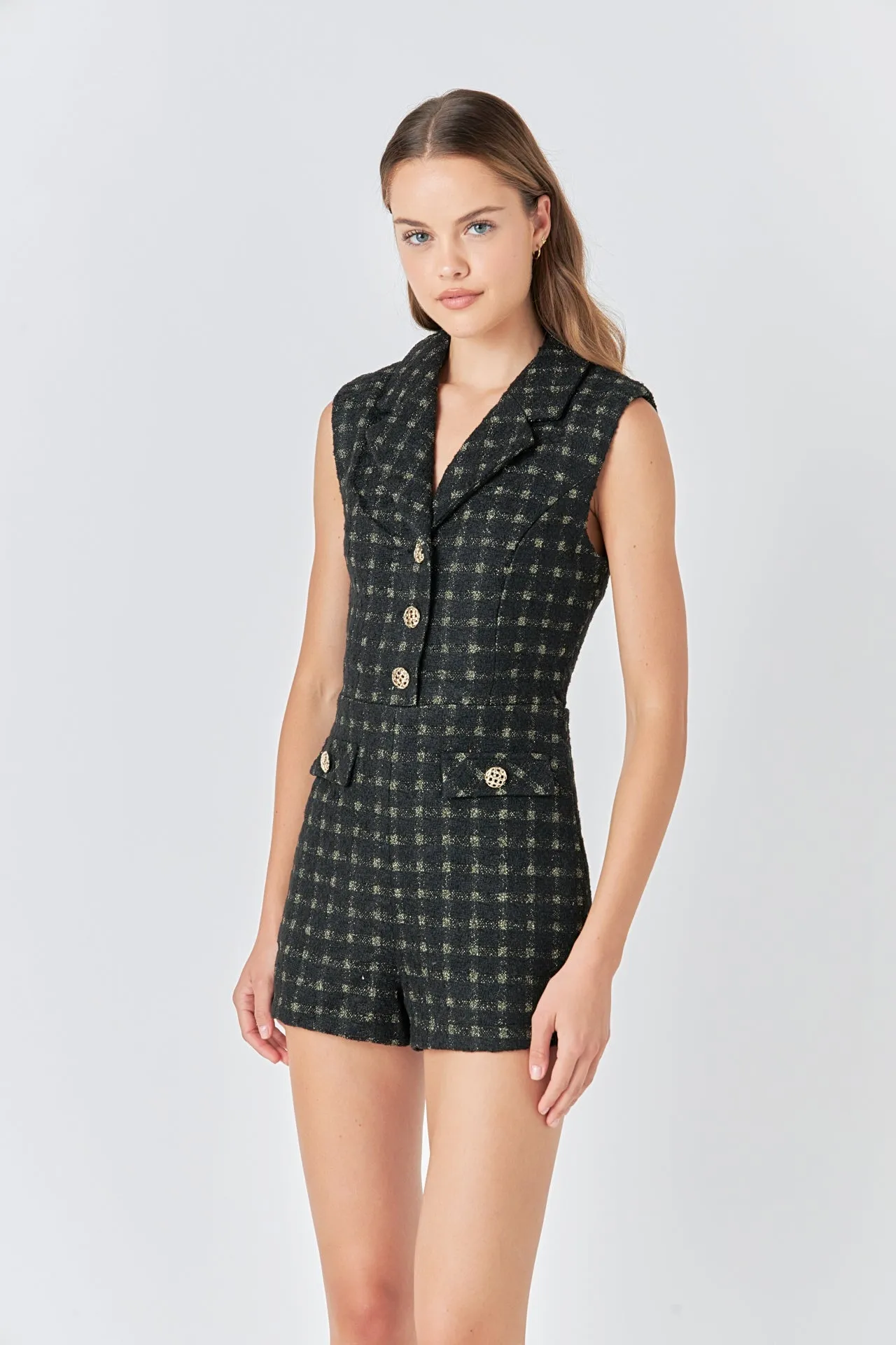 Endless Rose - Sleeveless Tweed Suited Romper