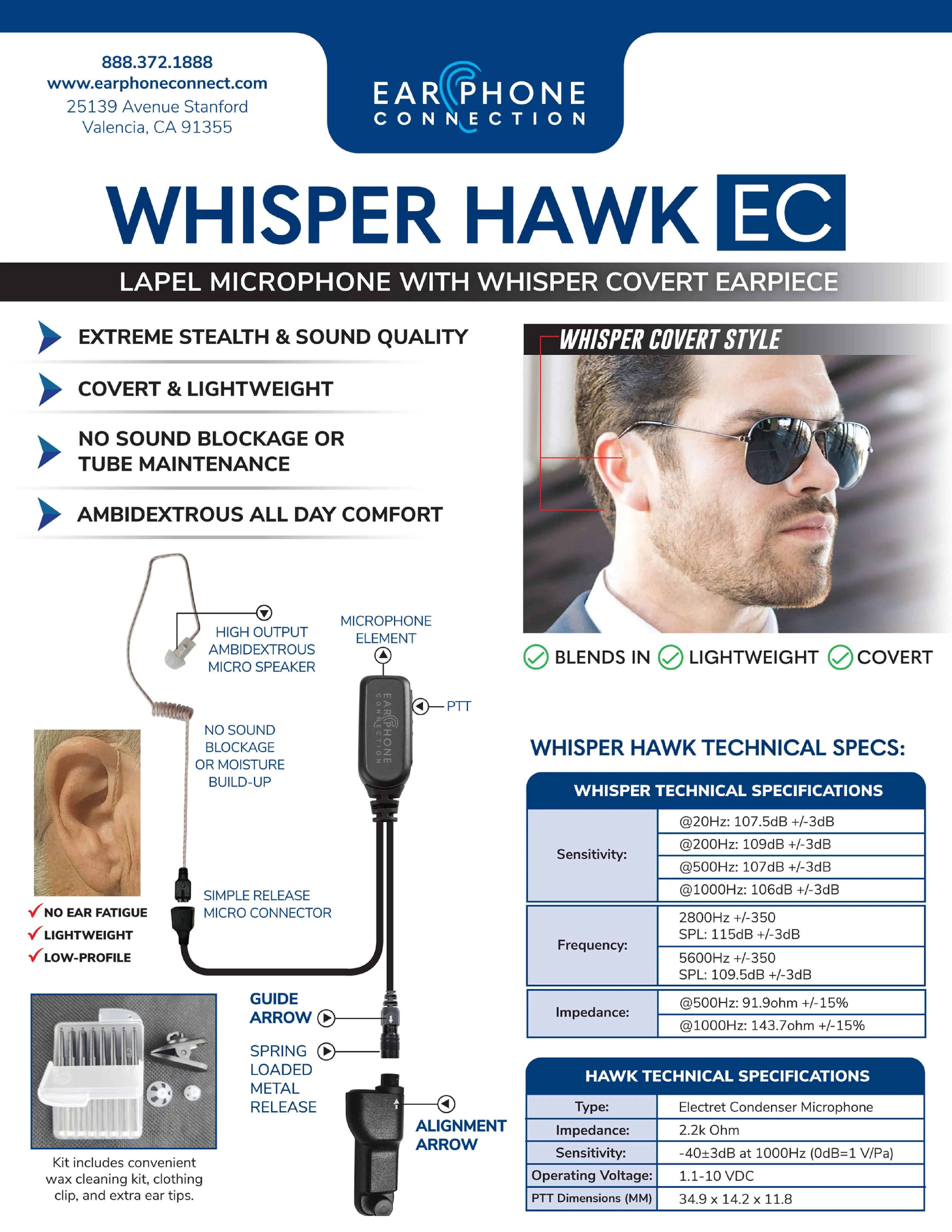 EP1334EC-W Whisper Hawk EC Covert Lapel Microphone fits Motorola APX/TRBO