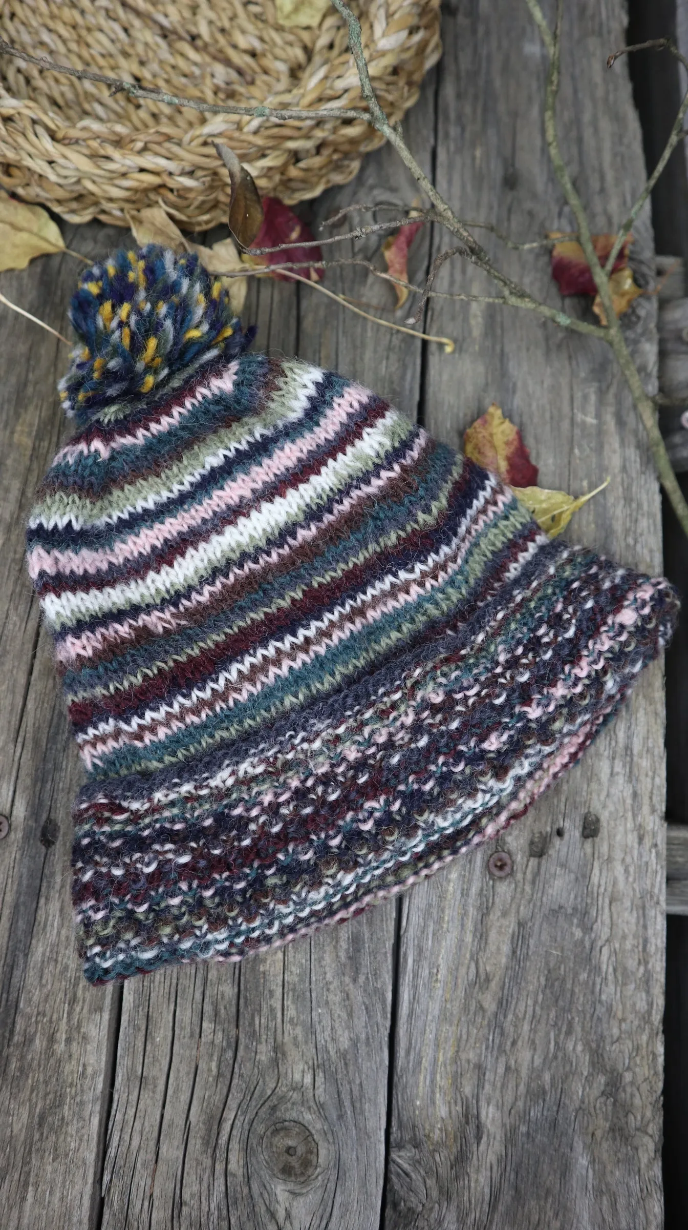 Fair Trade Ethical Woollen Beanie in Striped Multi Coloured Design with Pom Pom