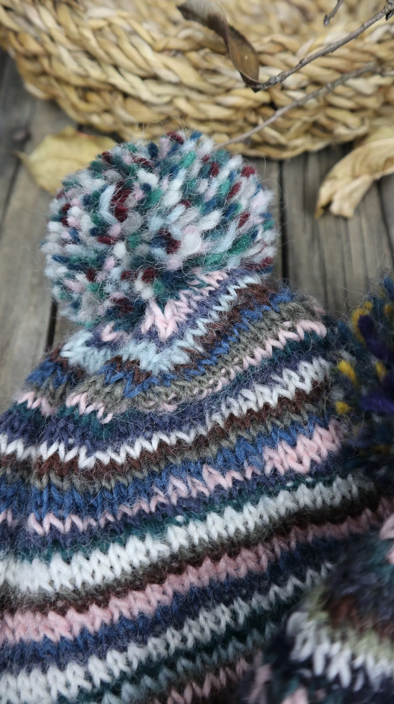 Fair Trade Ethical Woollen Beanie in Striped Multi Coloured Design with Pom Pom