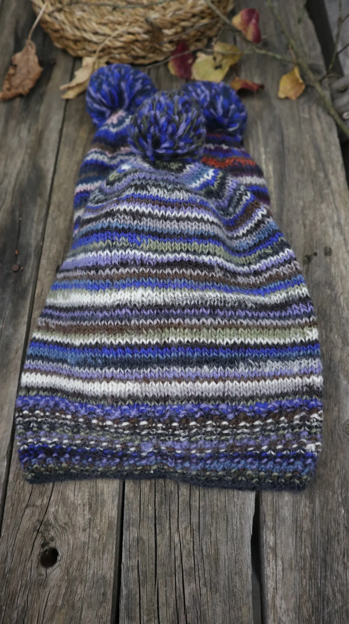 Fair Trade Ethical Woollen Beanie in Striped Multi Coloured Design with Pom Pom