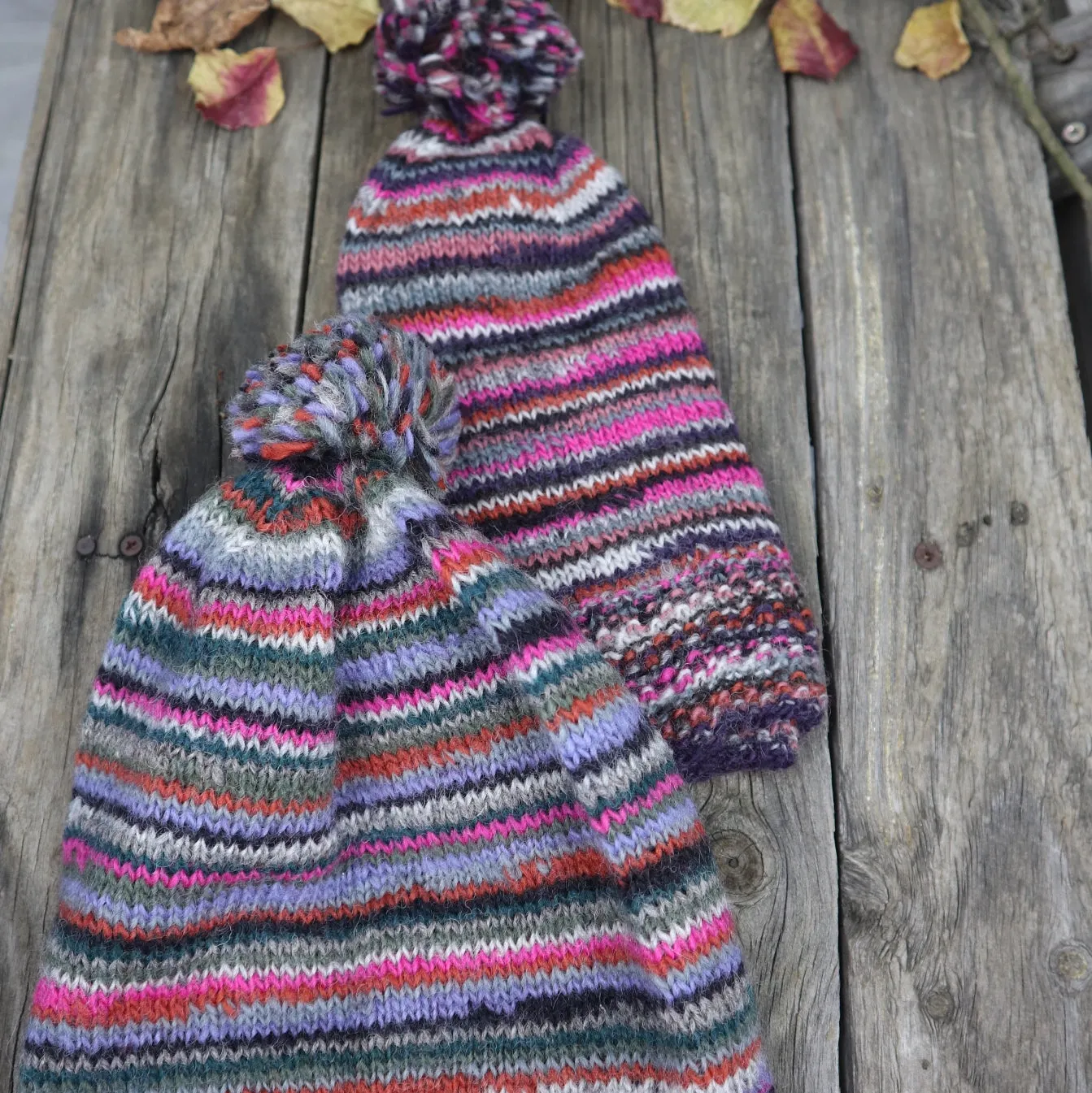 Fair Trade Ethical Woollen Beanie in Striped Multi Coloured Design with Pom Pom