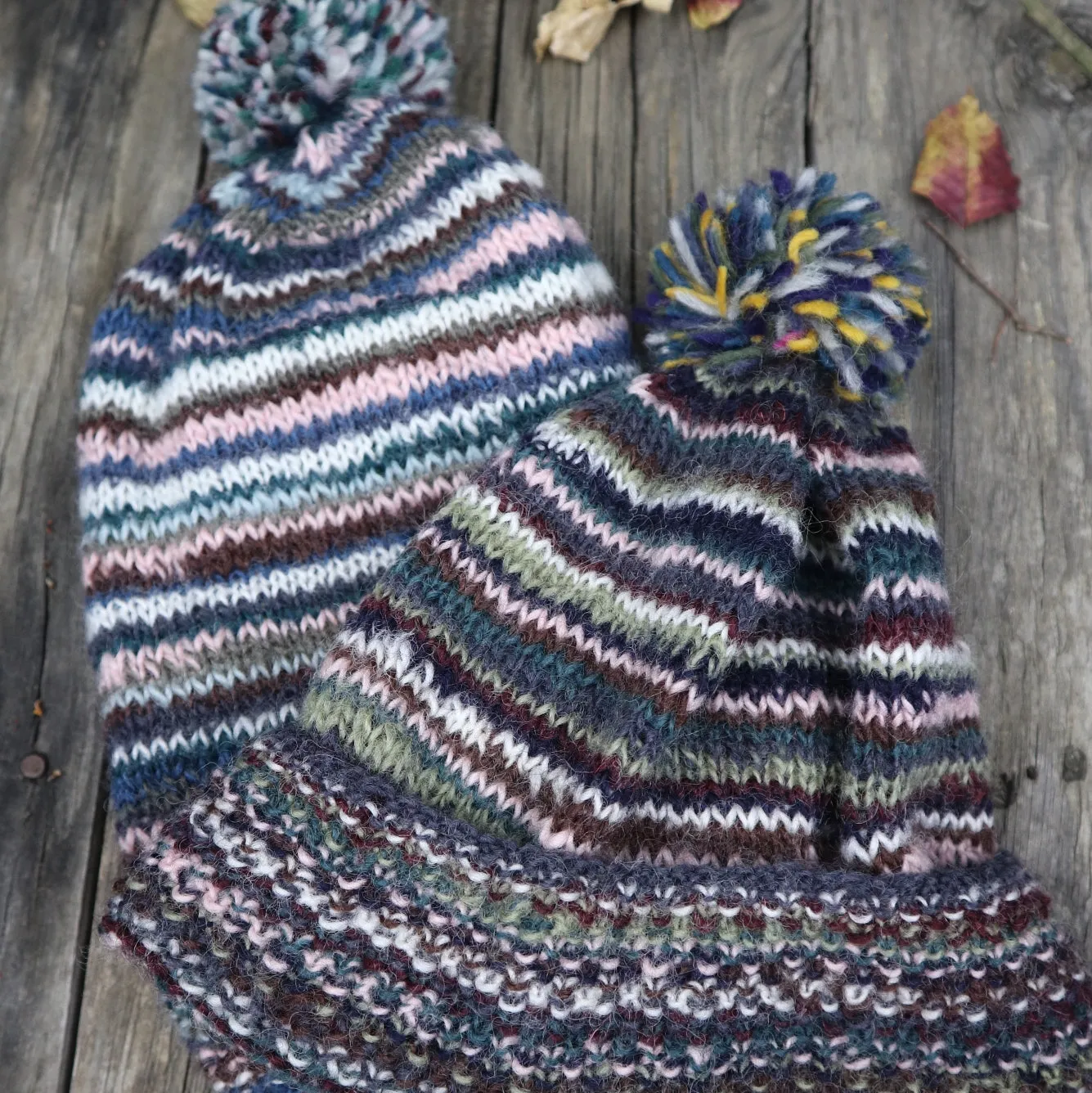 Fair Trade Ethical Woollen Beanie in Striped Multi Coloured Design with Pom Pom