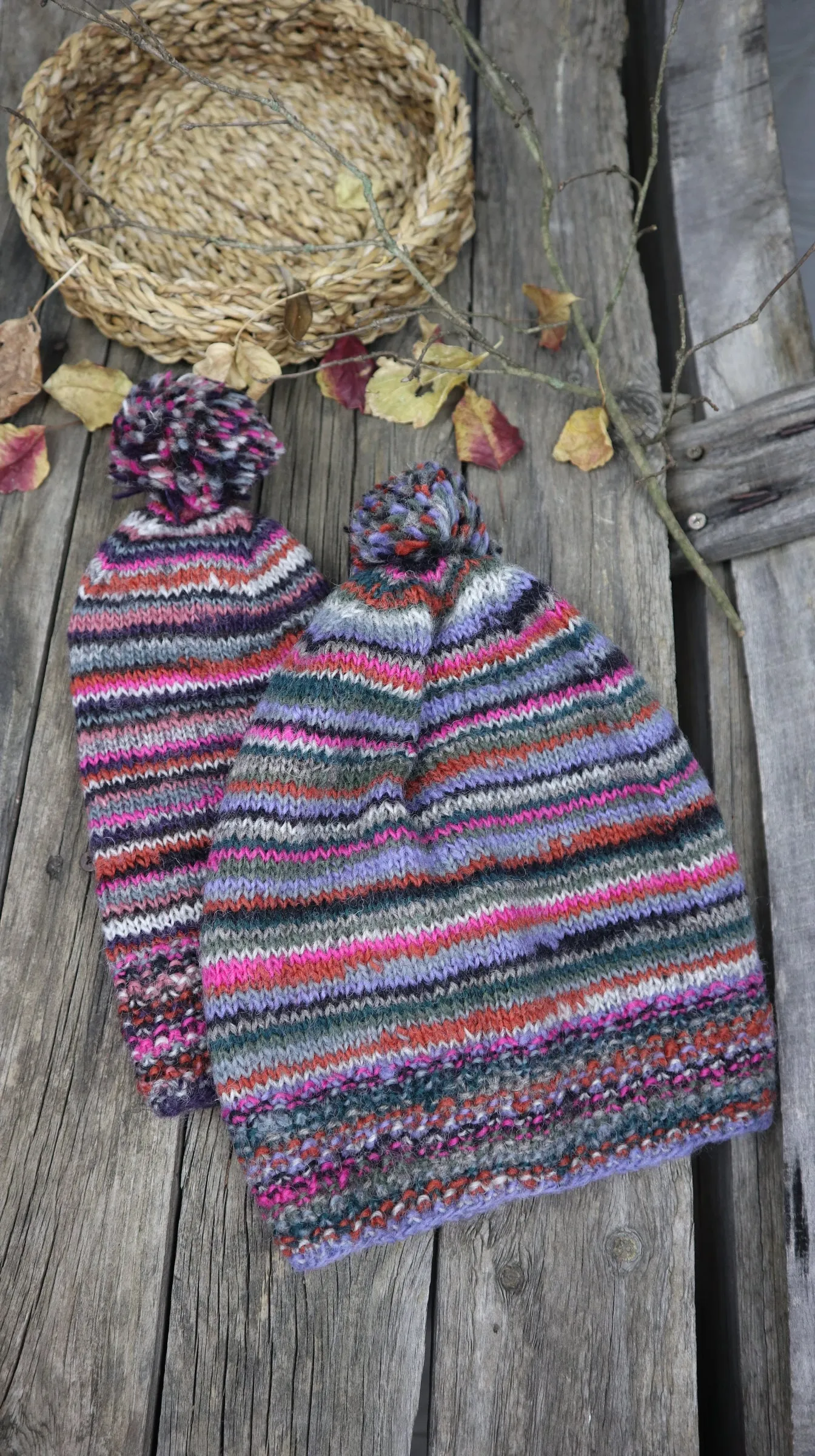 Fair Trade Ethical Woollen Beanie in Striped Multi Coloured Design with Pom Pom