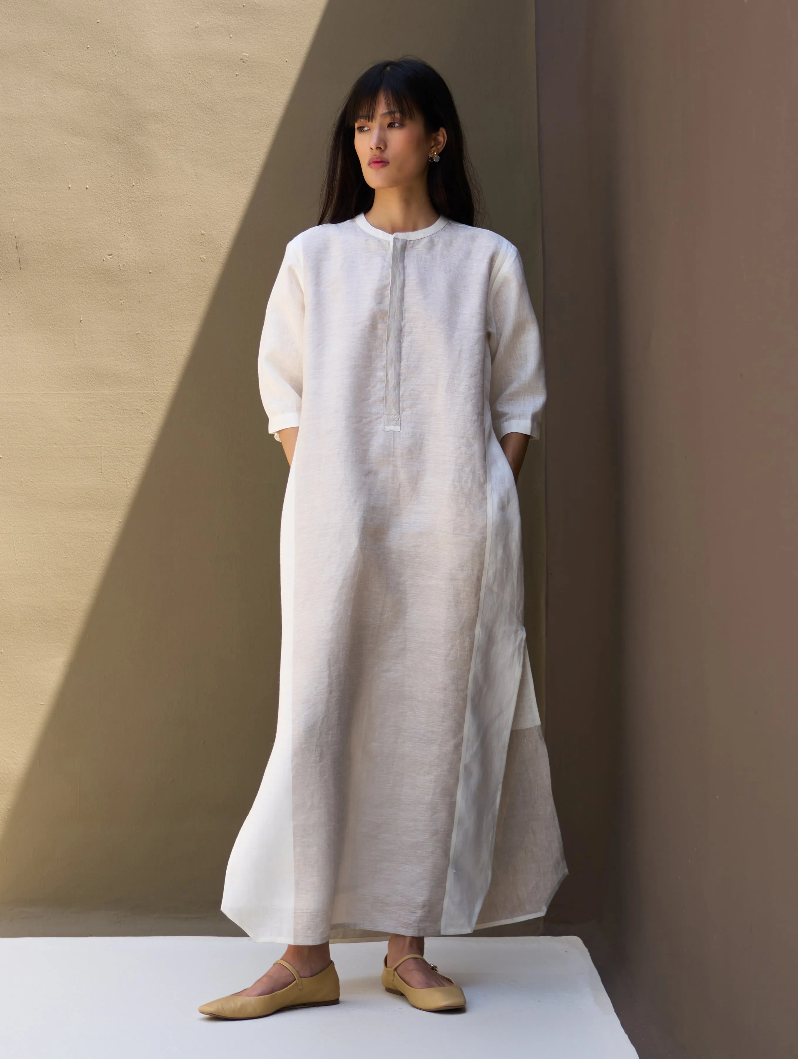 Faiza Metallic Linen Dress - Ivory