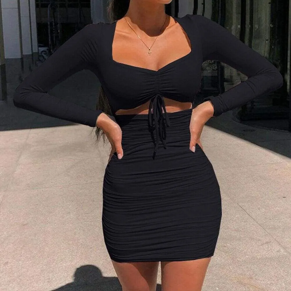 FashionSierra - Women Long Sleeve Drawstring V Neck Mini Dress Ladies Casual Square Collar Party Bodycon Slim Fit Dress Clubwear