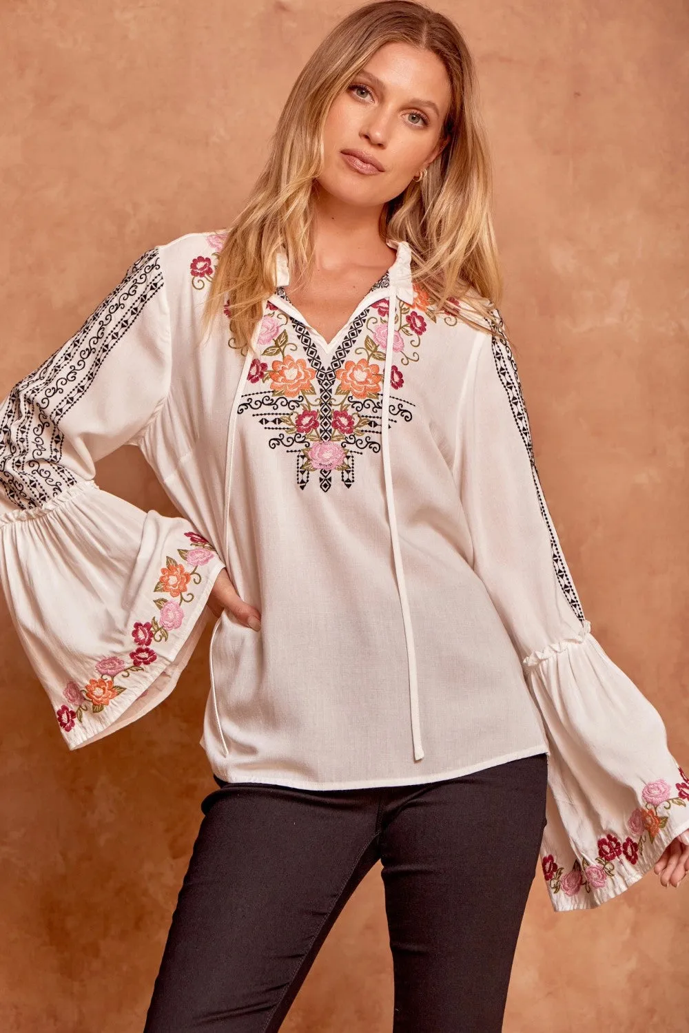 Floral Embroidered Blouse, Ivory