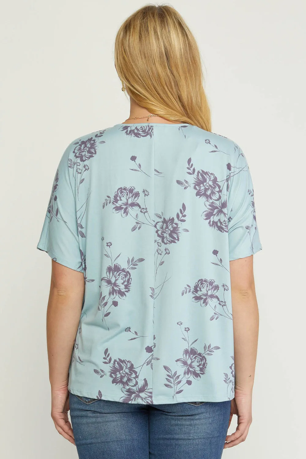 Floral V-Neck Top, Blue