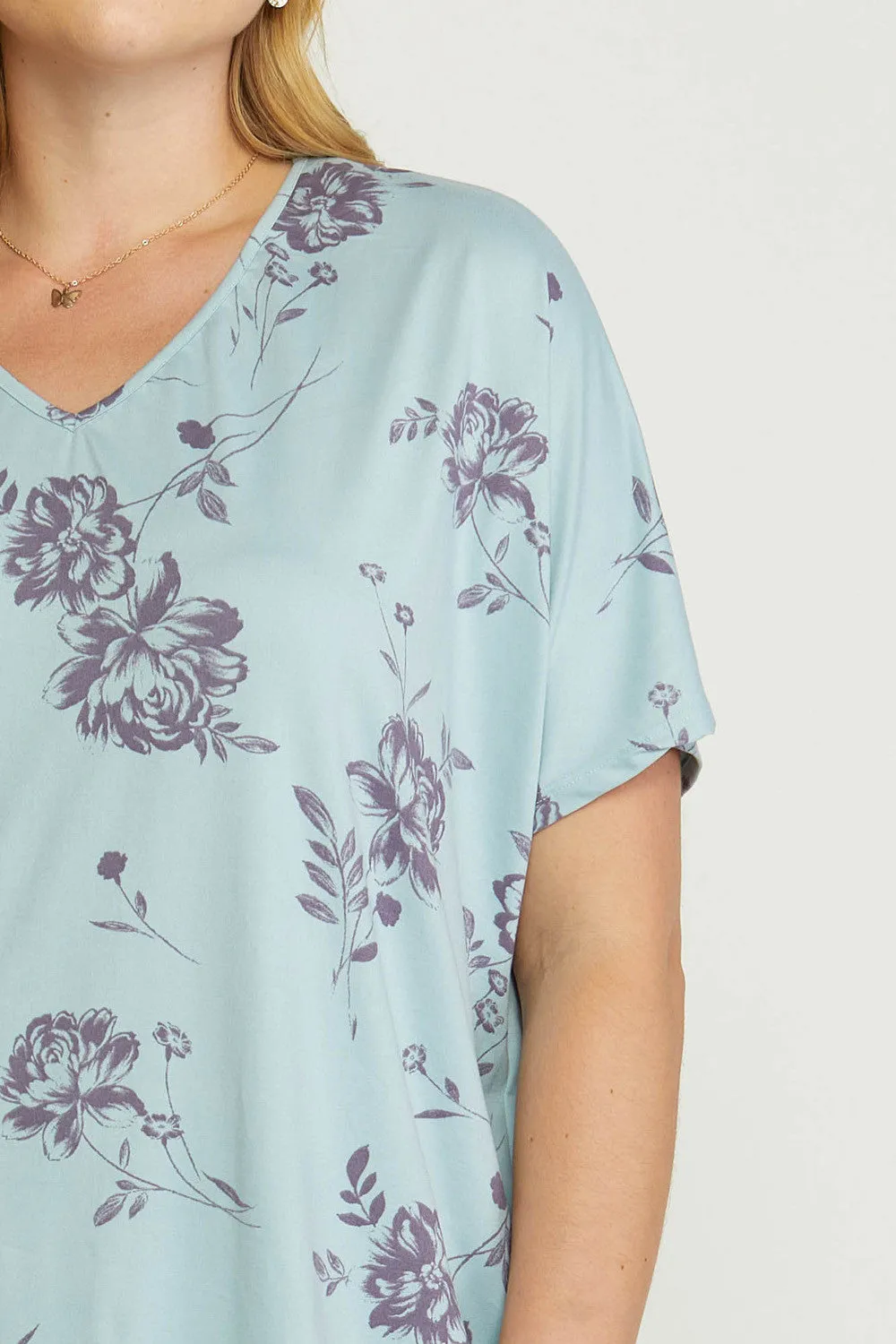 Floral V-Neck Top, Blue