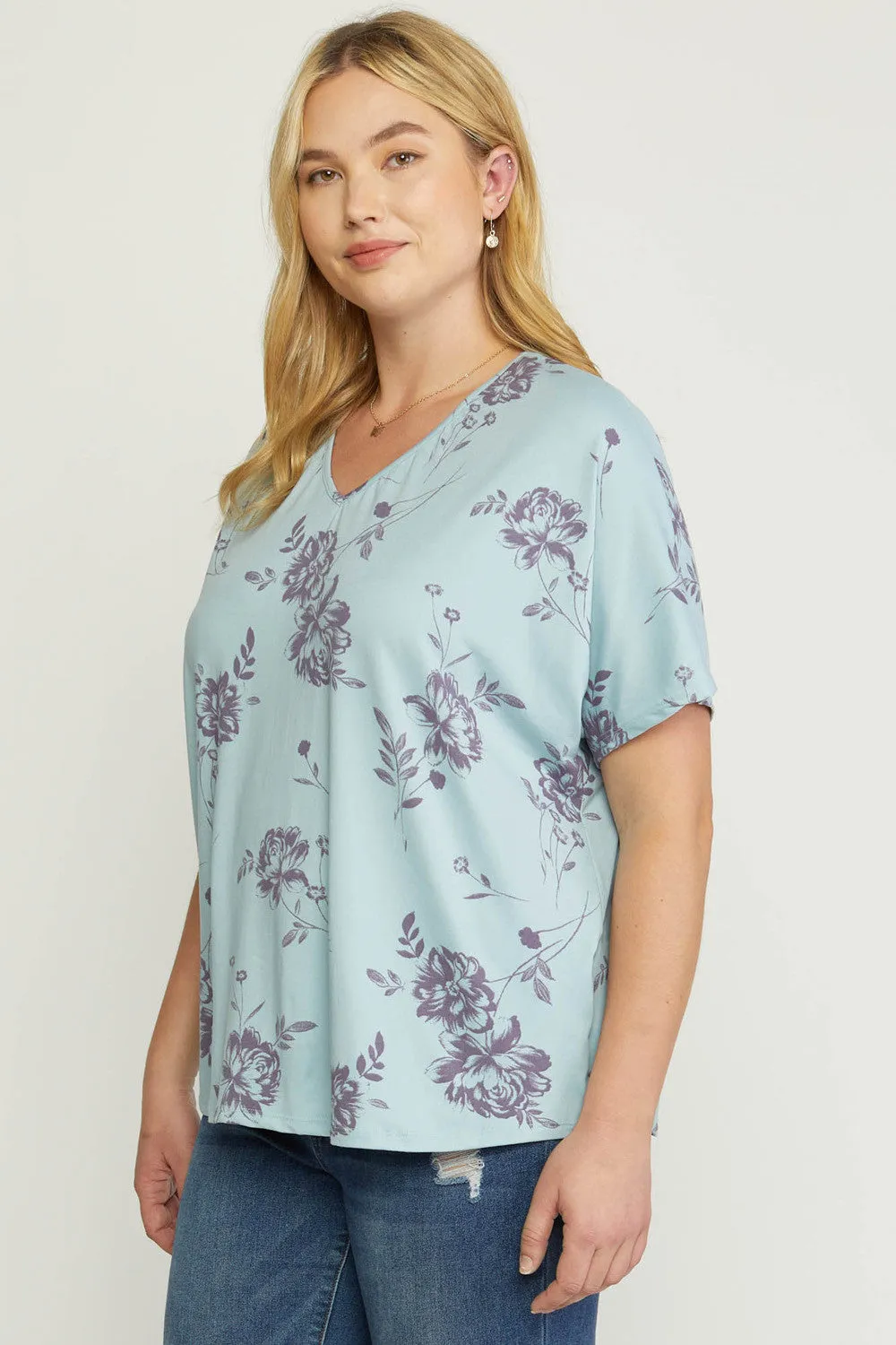 Floral V-Neck Top, Blue