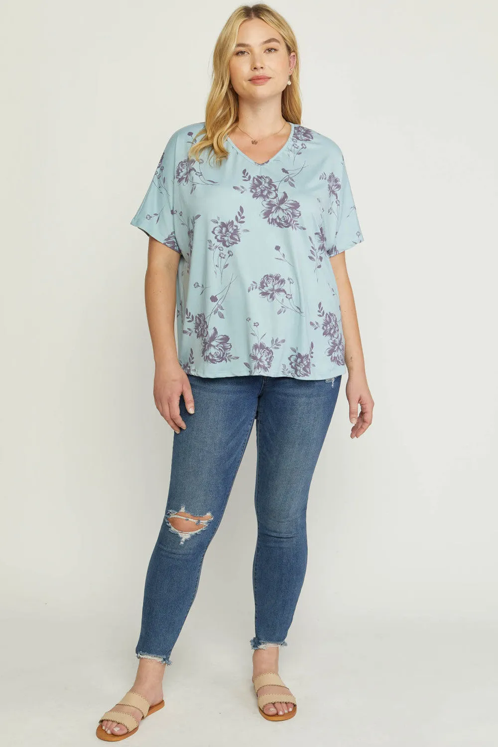 Floral V-Neck Top, Blue