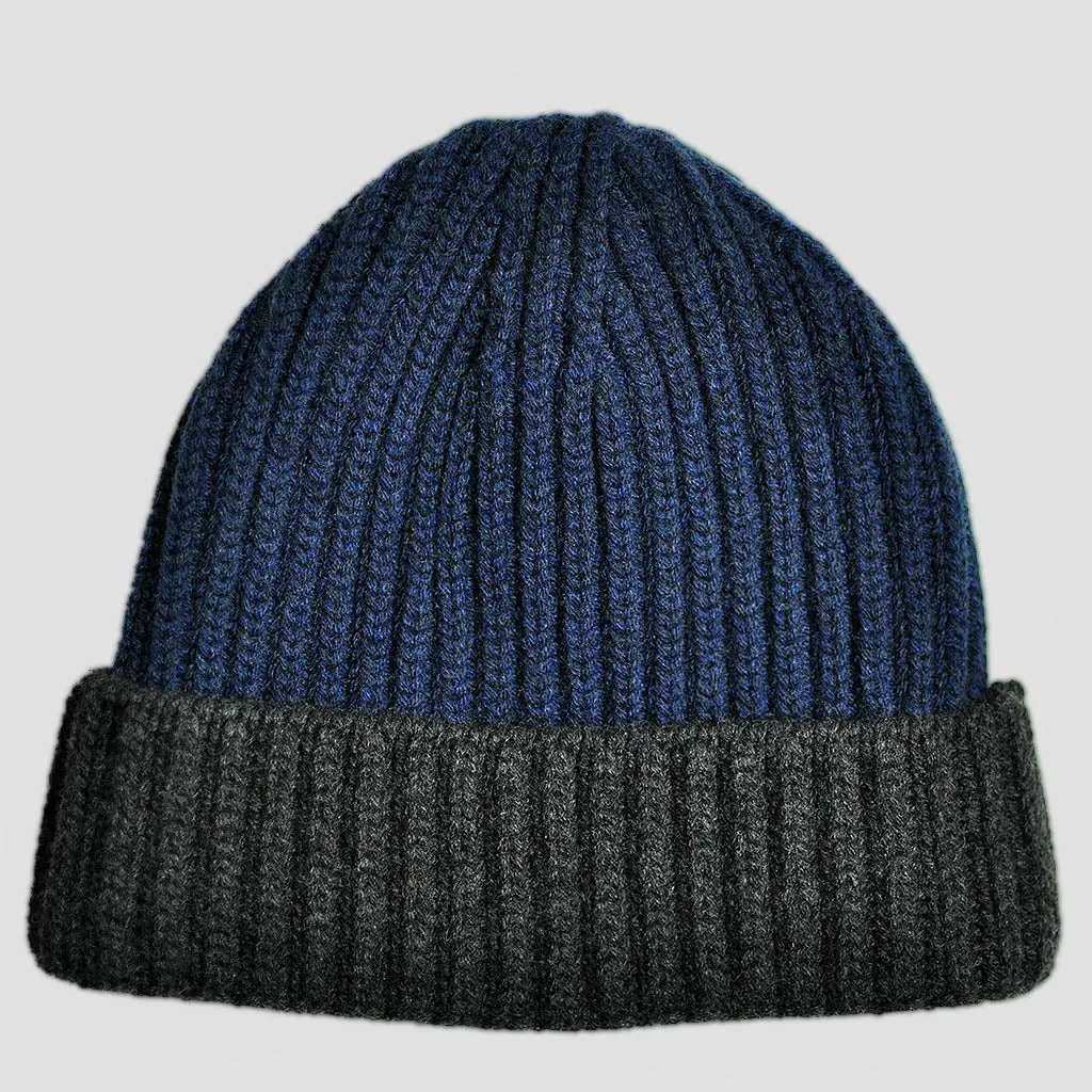 Four Ply Cashmere Winter Beanie in Blue & Grey