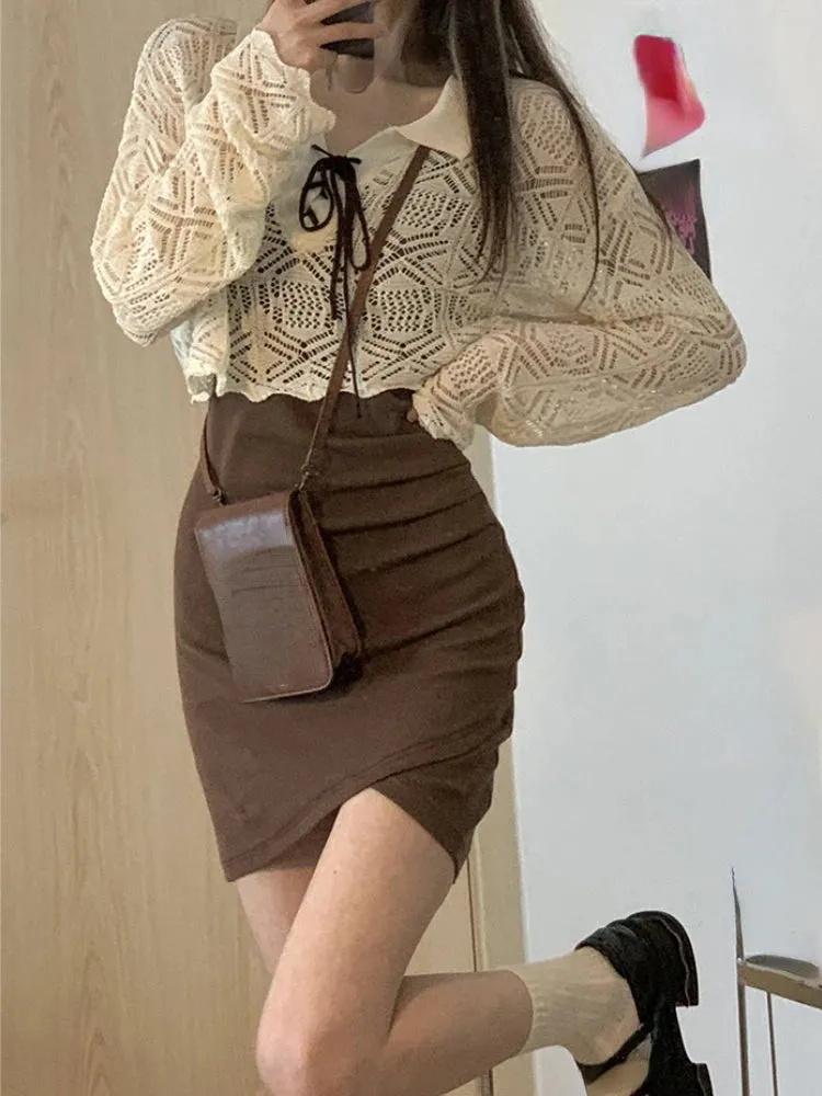 Girlary 2 Piece Dress Set Women Bodycon Dress Korean Fashion Suit Hollow Out Lace Y2k Crop Tops   Strap Mini Corset Dress Autumn