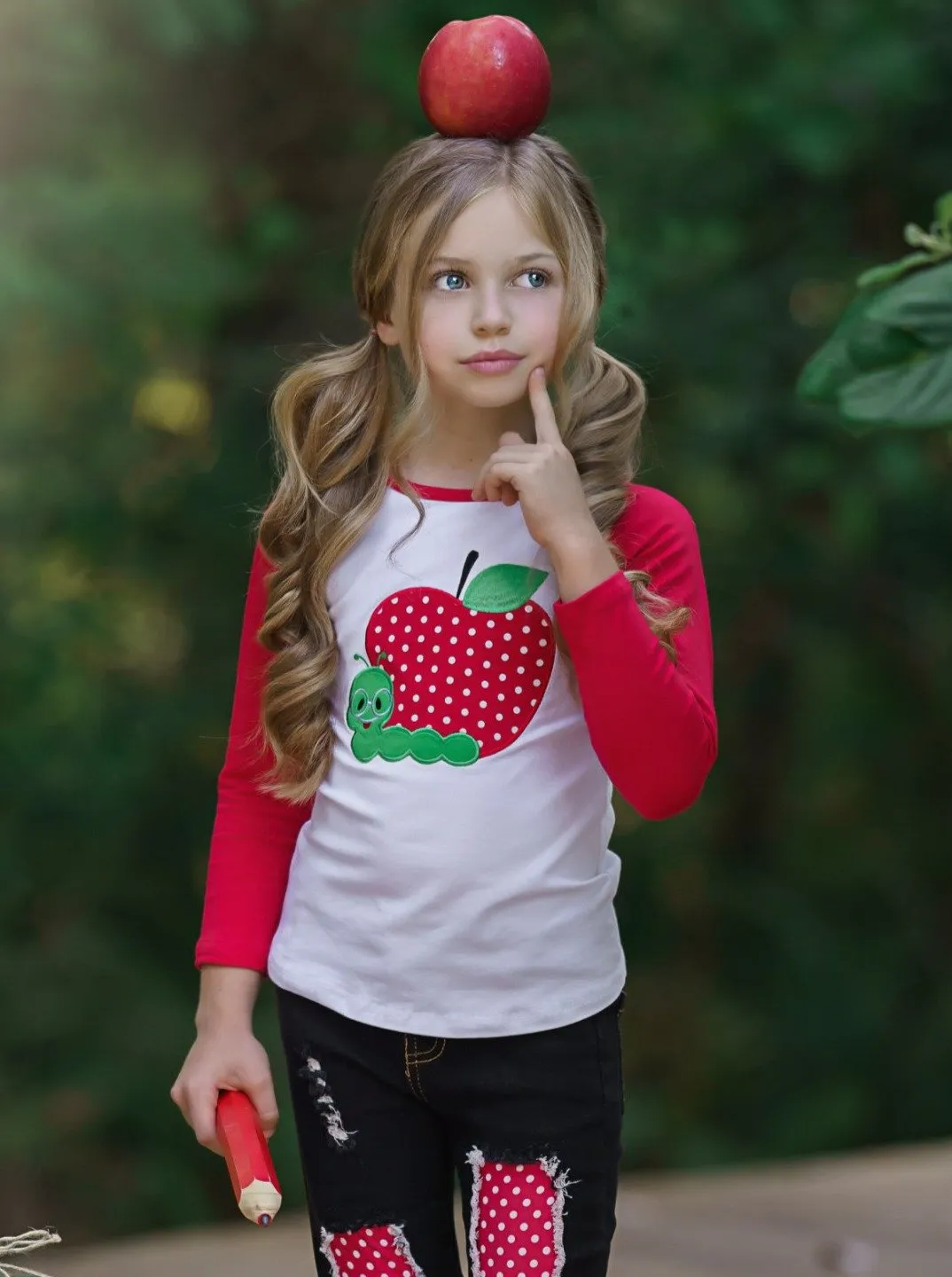 Girls Apple Applique Raglan Sleeve Top and Black Patched Denim Set