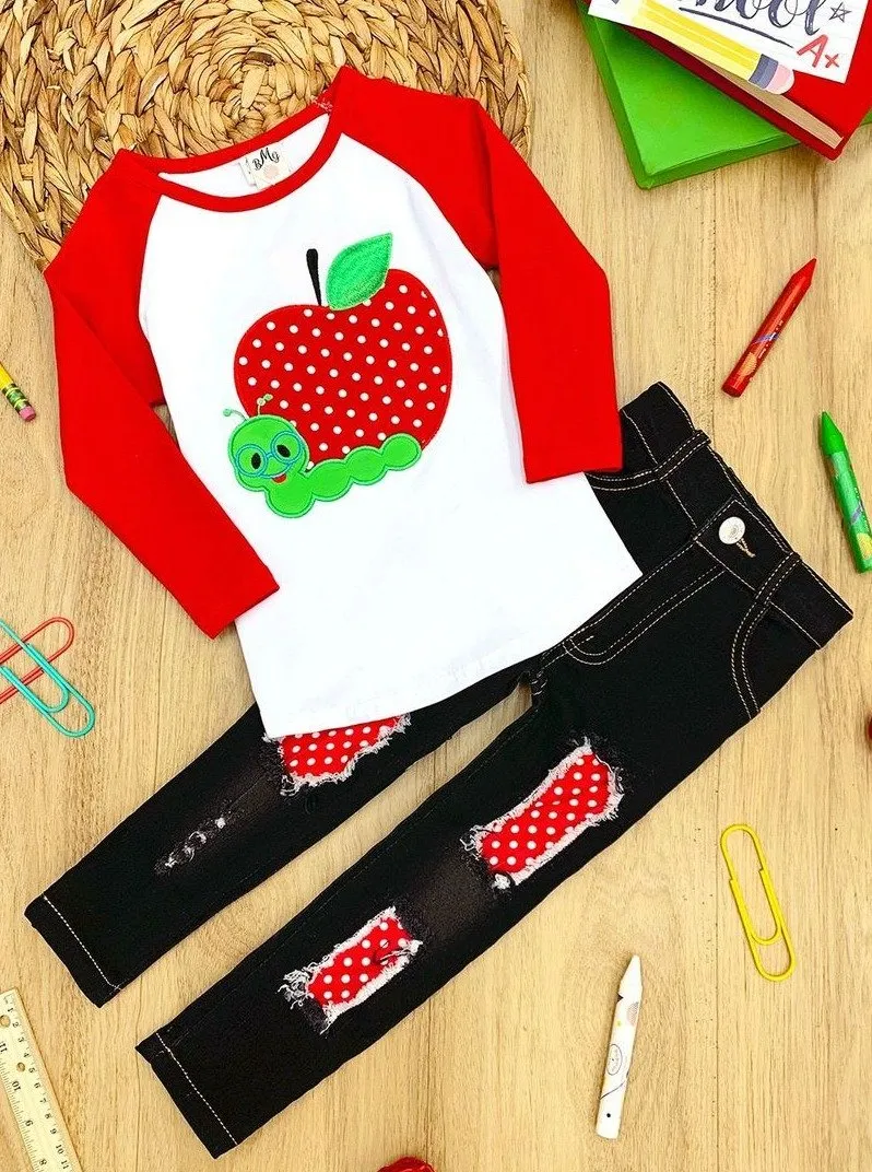 Girls Apple Applique Raglan Sleeve Top and Black Patched Denim Set