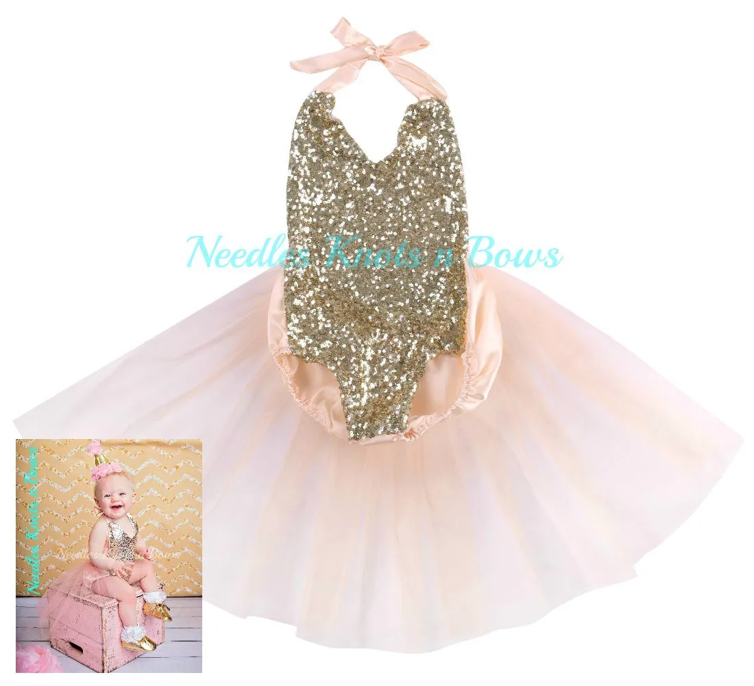 Girls Pink & Gold Sequin Romper, Cake Smash1st Birthday Outfit