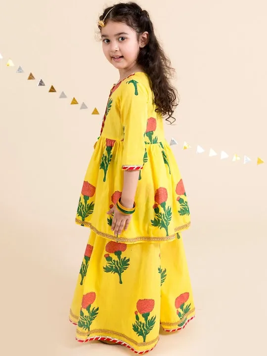 Girls Yellow Floral Printed Layered Gotta Patti Pure Cotton Kurta With Skirt - Ps Peaches