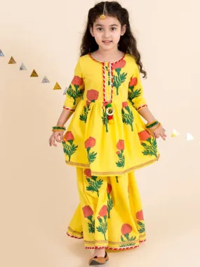 Girls Yellow Floral Printed Layered Gotta Patti Pure Cotton Kurta With Skirt - Ps Peaches