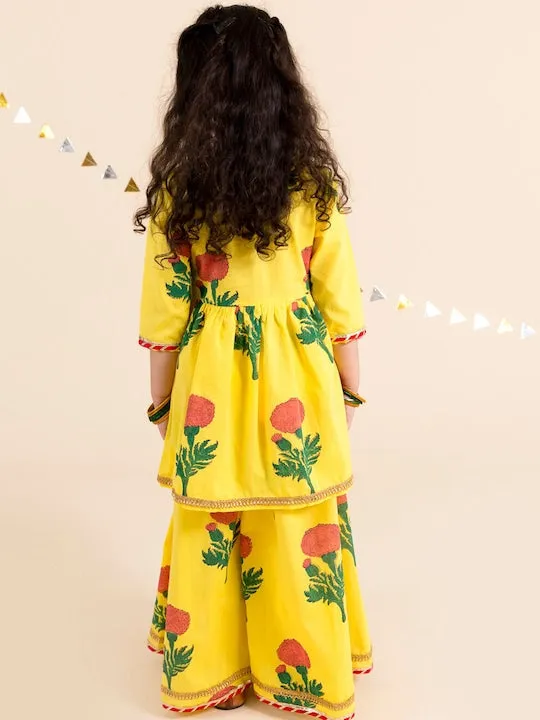 Girls Yellow Floral Printed Layered Gotta Patti Pure Cotton Kurta With Skirt - Ps Peaches