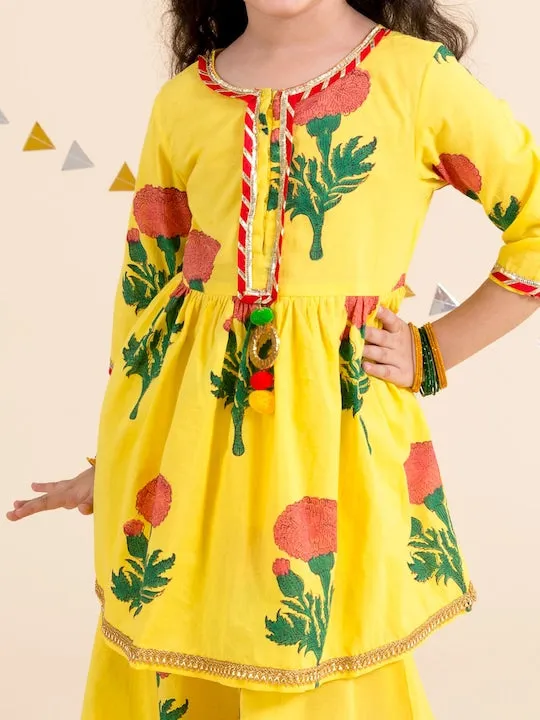 Girls Yellow Floral Printed Layered Gotta Patti Pure Cotton Kurta With Skirt - Ps Peaches