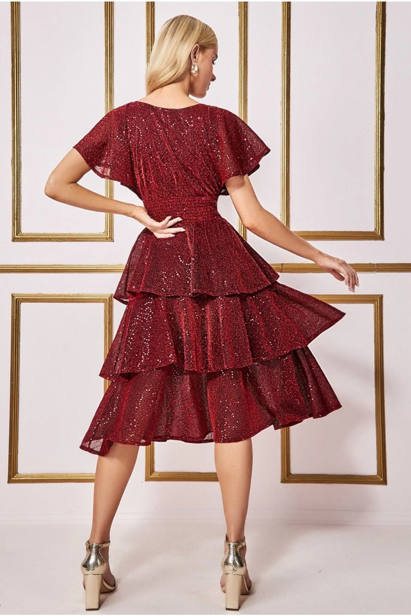 Goddiva Sequin Lurex Tiered Midi Dress - Wine