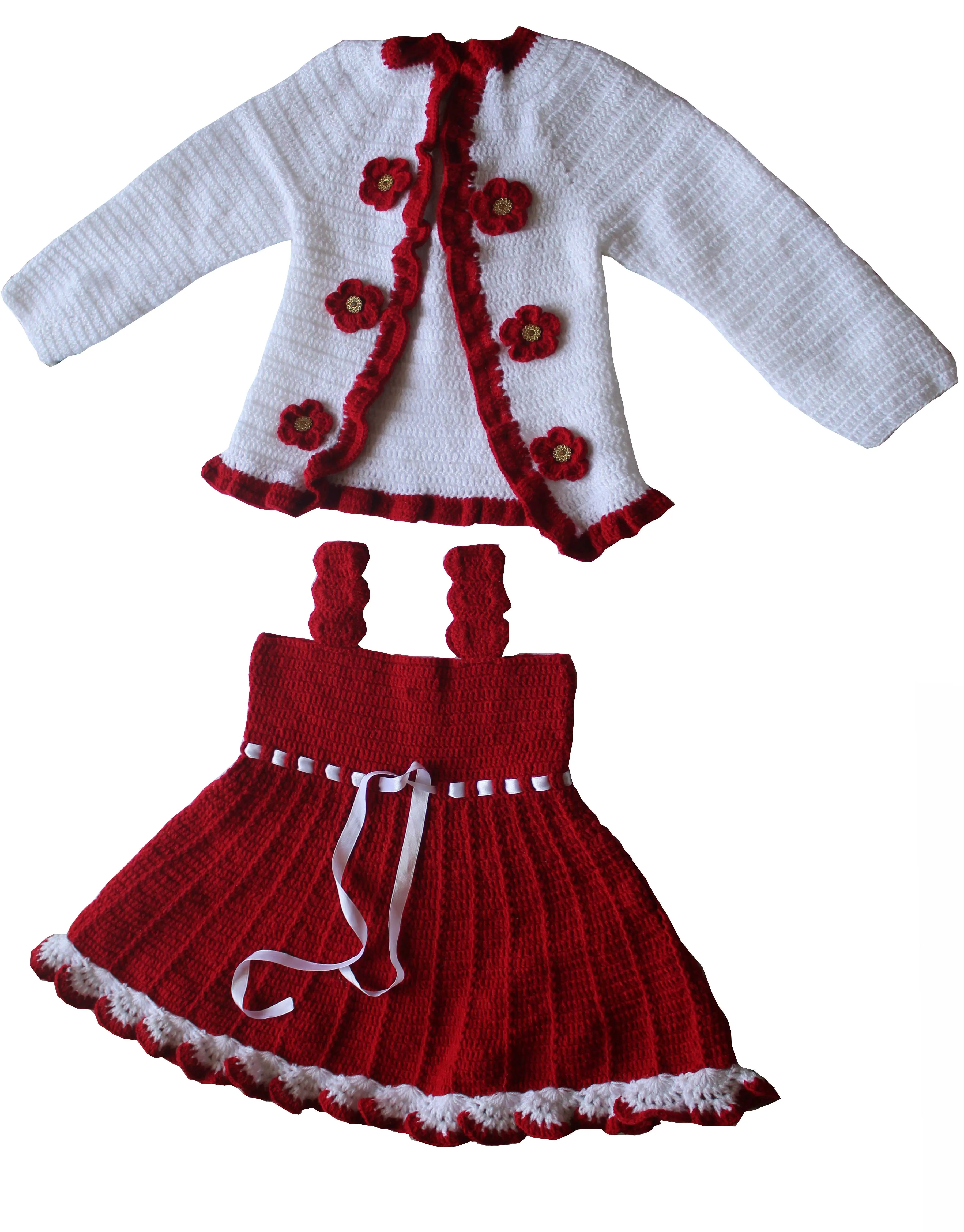 Graminarts Baby Girl's Woolen Handmade Frock with Cap shrug with beanie Maroon and white combination