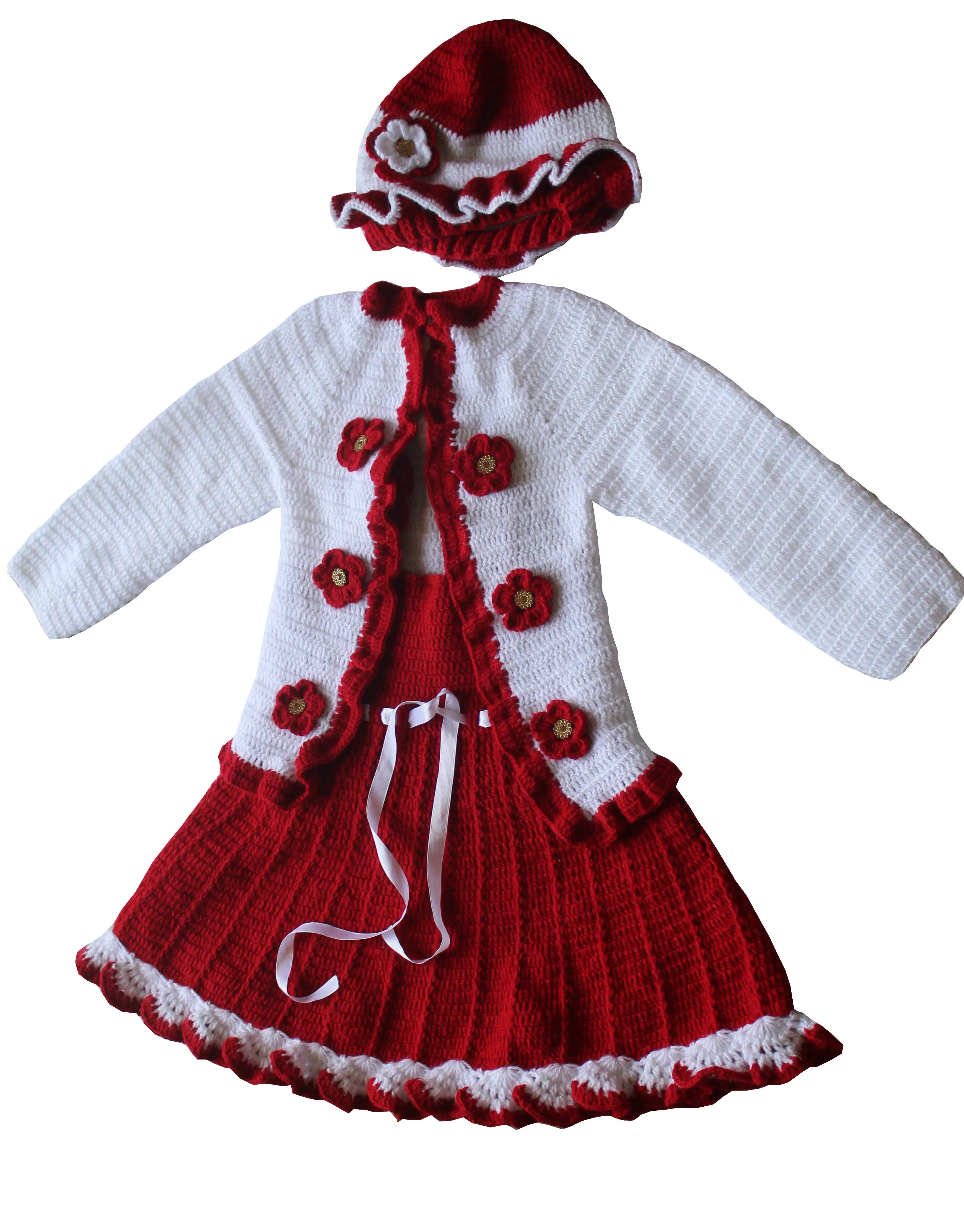 Graminarts Baby Girl's Woolen Handmade Frock with Cap shrug with beanie Maroon and white combination