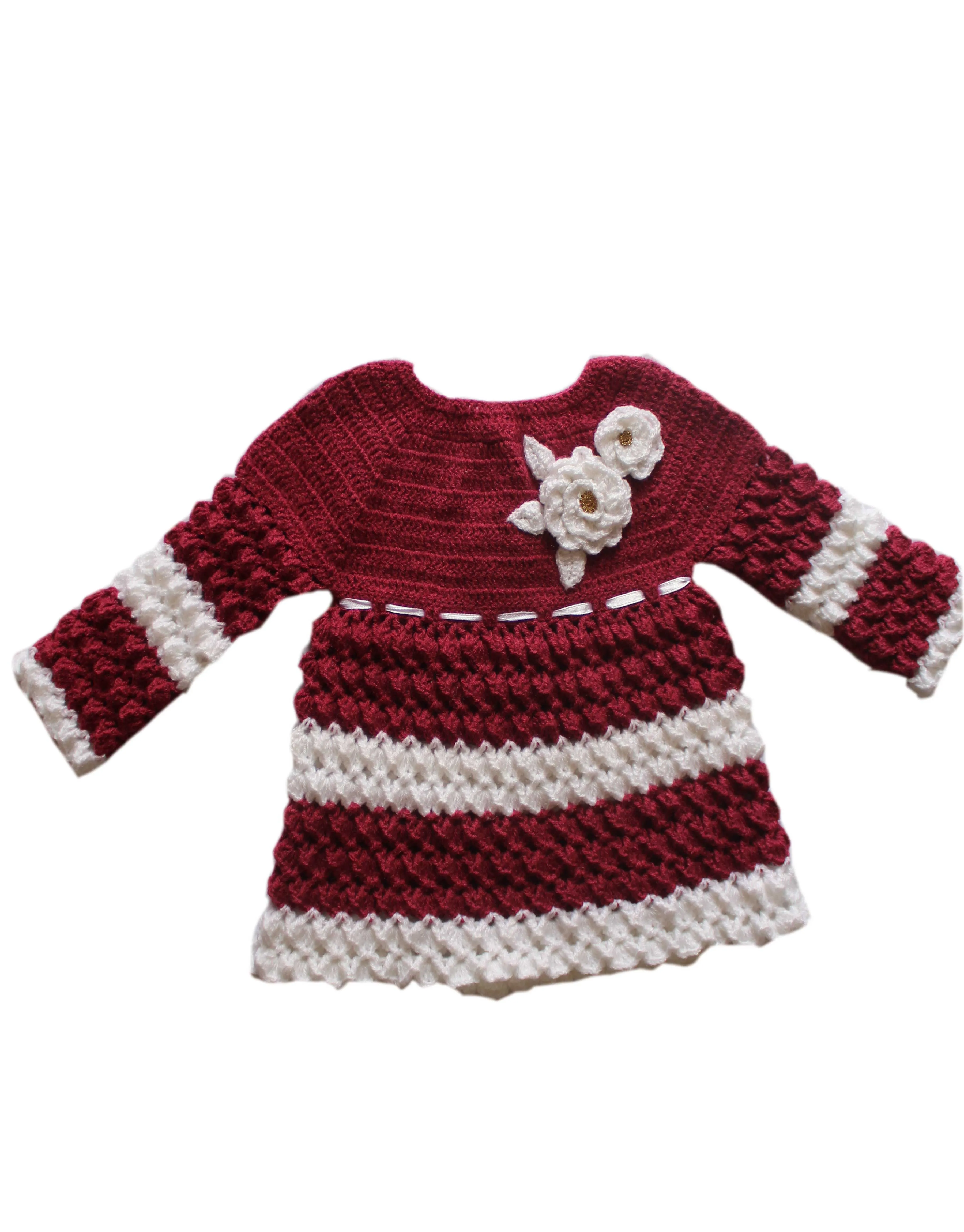 Graminarts Beautiful Handmade Crochet Design Frock With Cap For Baby Girl- Indian Red & White