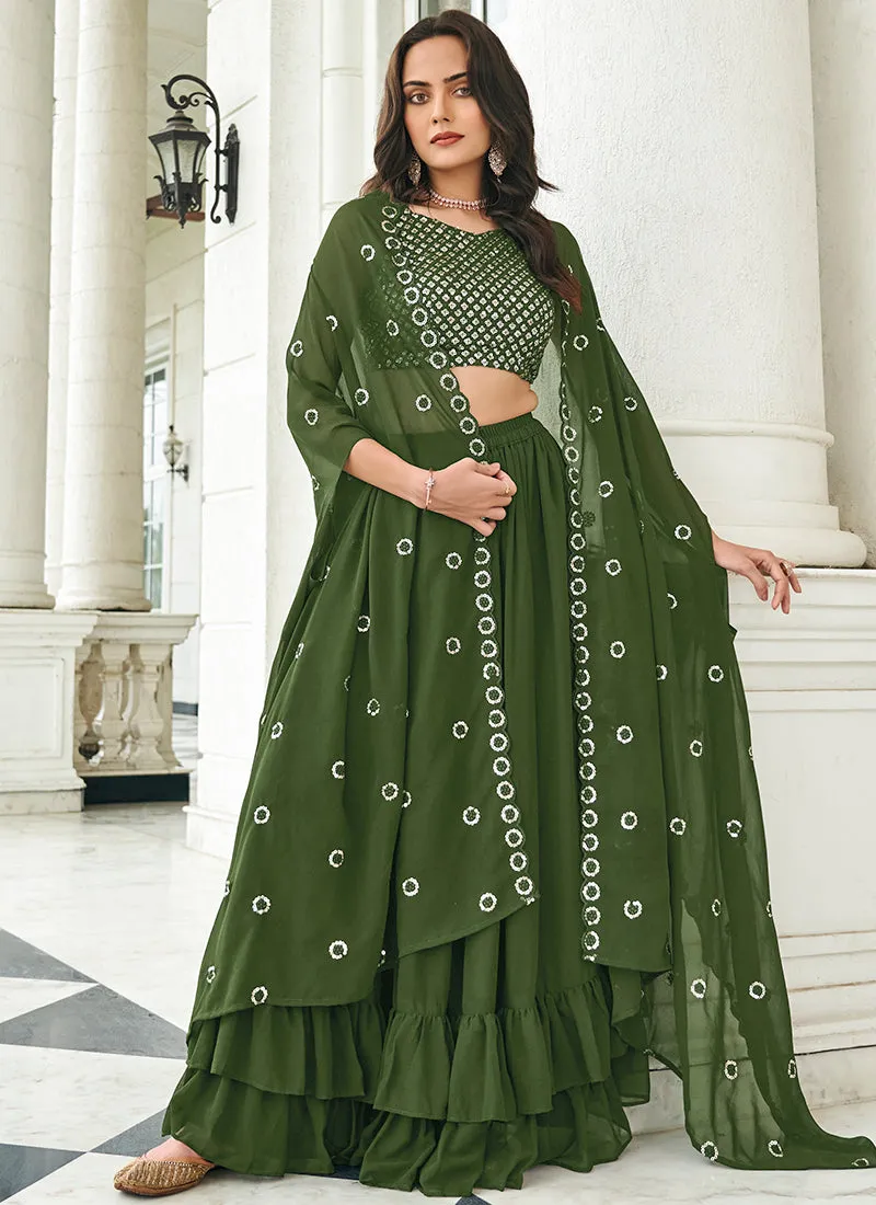 Green Sequence Embroidery Cape Style Lehenga Choli With Belt