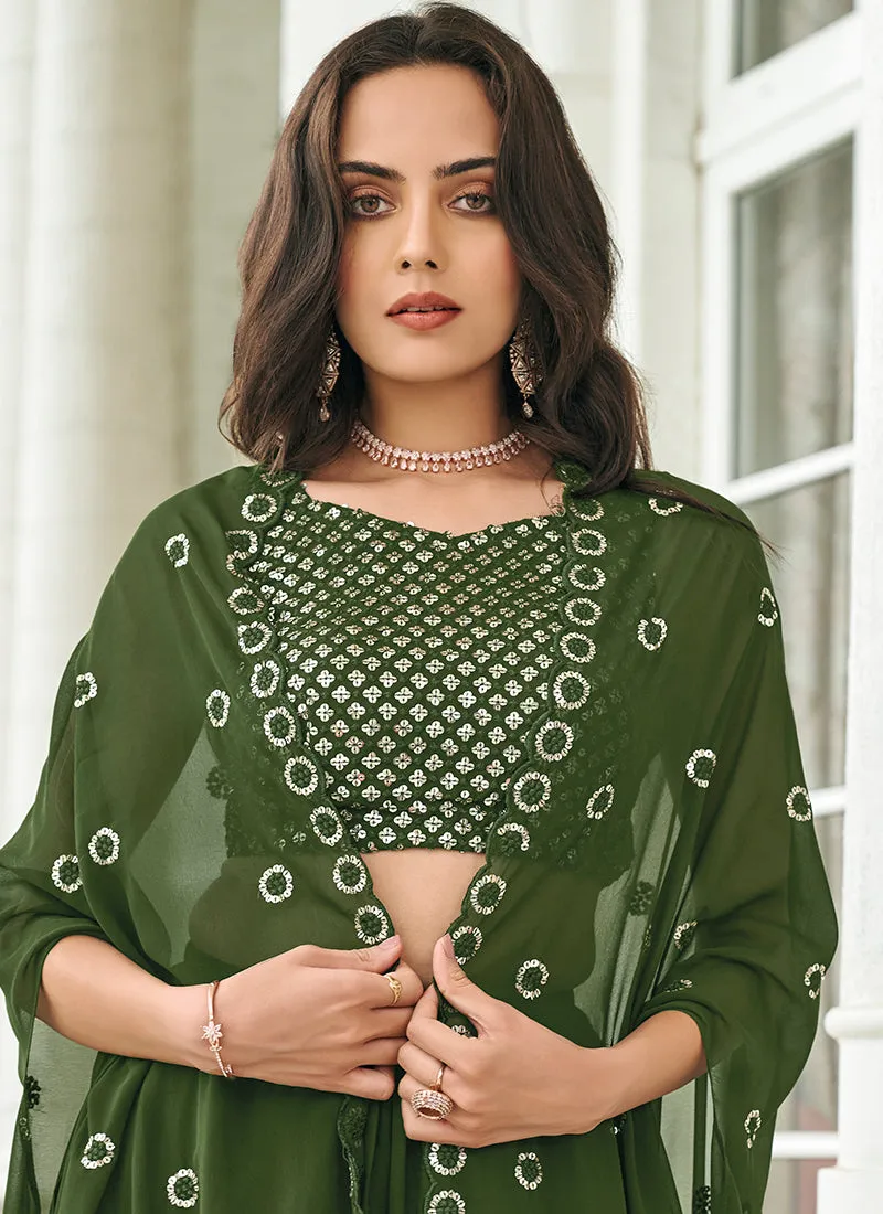 Green Sequence Embroidery Cape Style Lehenga Choli With Belt