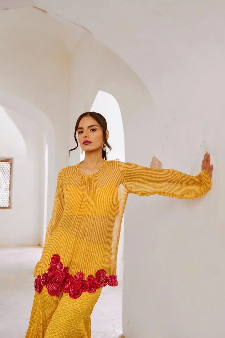 Gulbahar Marigold Yellow Gulaab tunic set with  Bell Bottoms and inner