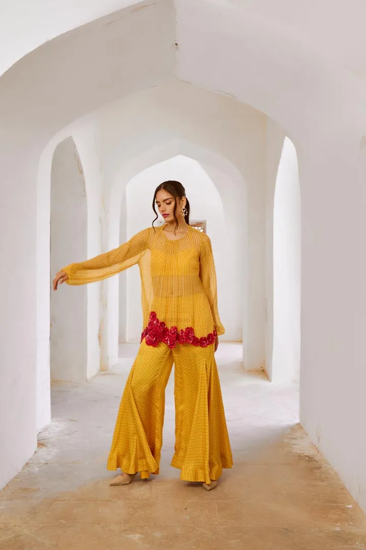 Gulbahar Marigold Yellow Gulaab tunic set with  Bell Bottoms and inner