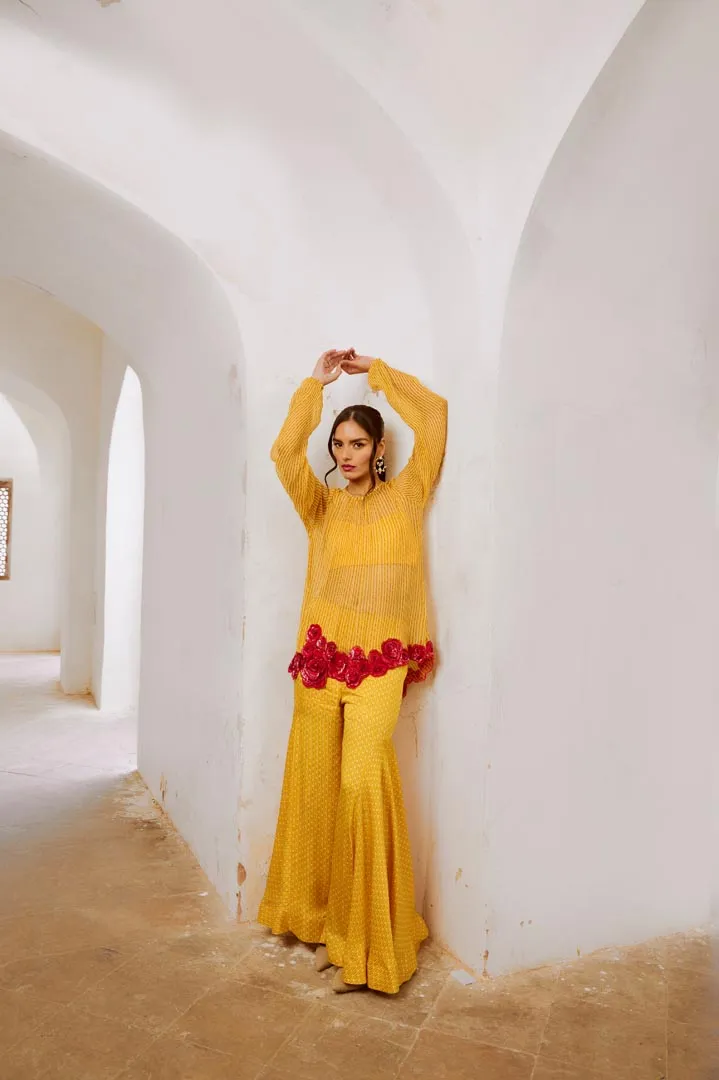 Gulbahar Marigold Yellow Gulaab tunic set with  Bell Bottoms and inner