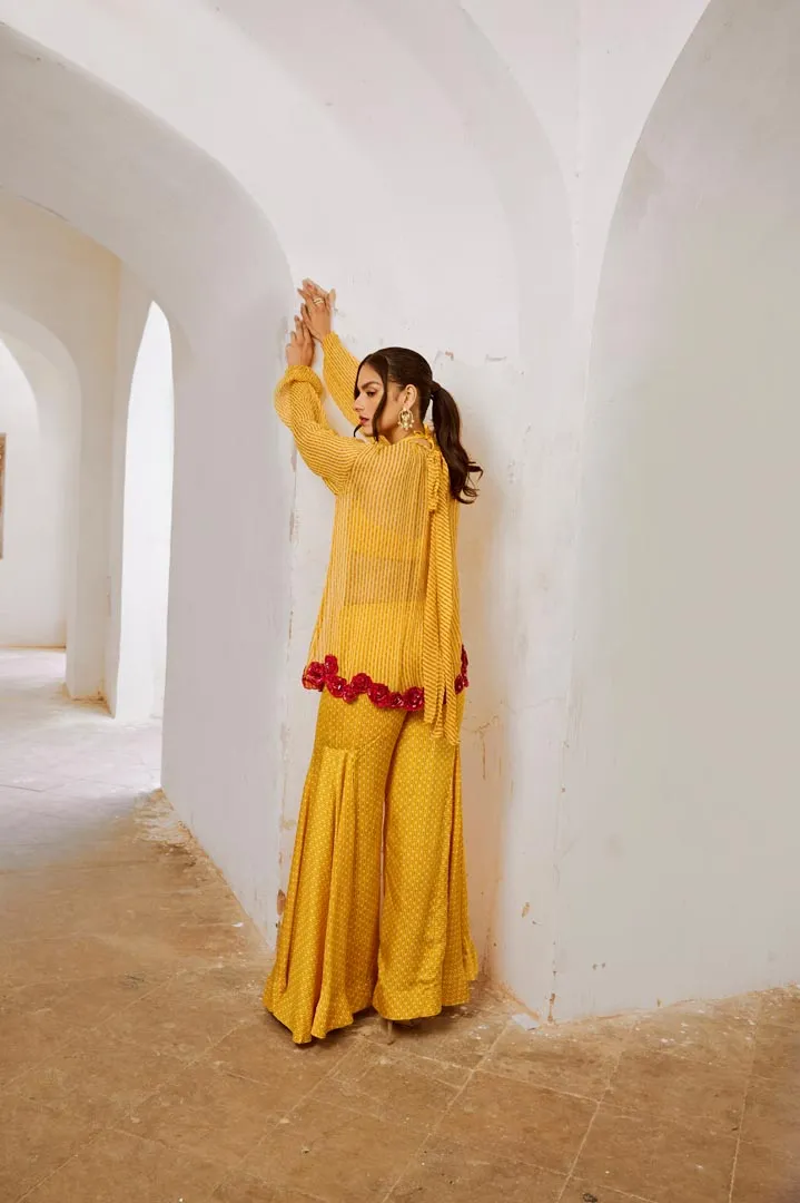 Gulbahar Marigold Yellow Gulaab tunic set with  Bell Bottoms and inner