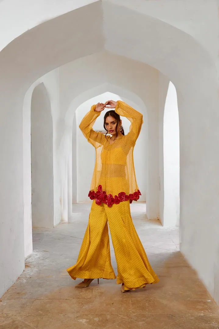 Gulbahar Marigold Yellow Gulaab tunic set with  Bell Bottoms and inner