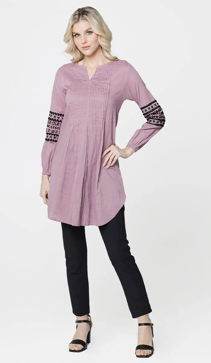 Hadiza Embroidered Cotton Modest Tunic - Dusty Mauve