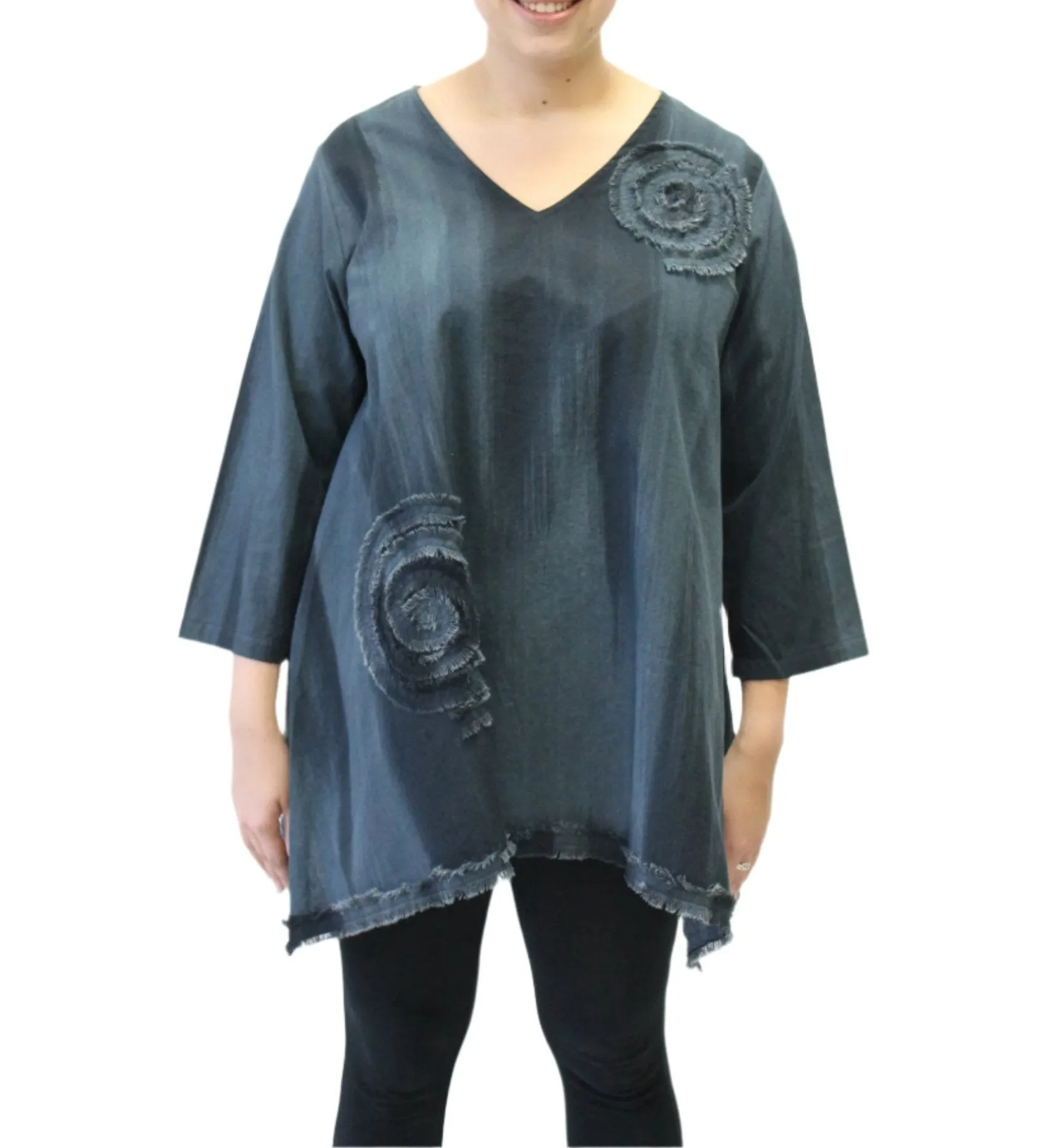 Hand Painted Cotton Fringe Swirl Tunic, Graphite