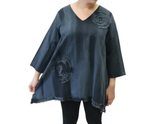 Hand Painted Cotton Fringe Swirl Tunic, Graphite