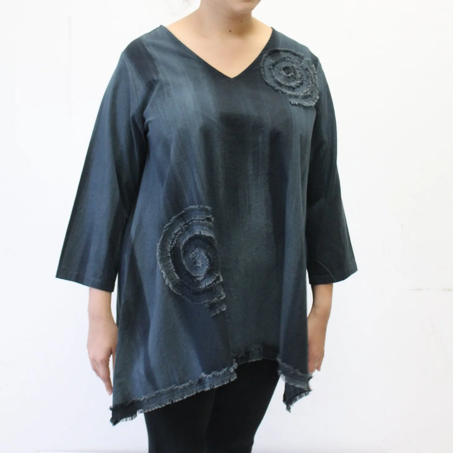 Hand Painted Cotton Fringe Swirl Tunic, Graphite