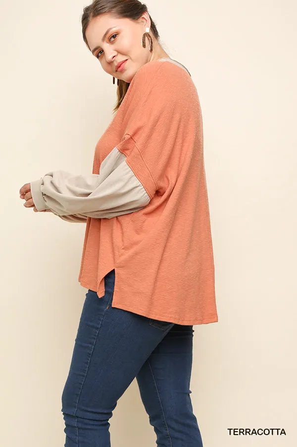 Henley Color Block Top, Terracotta