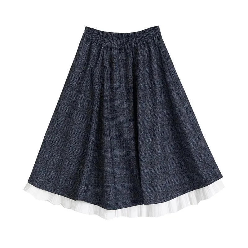 High Waist Midi Skirt With Plaid Pattern And Pleated Underskirt