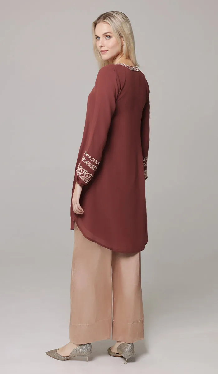 Hikmah Embroidered Modest Midi Tunic - Clay - PREORDER (ships in 2 weeks)