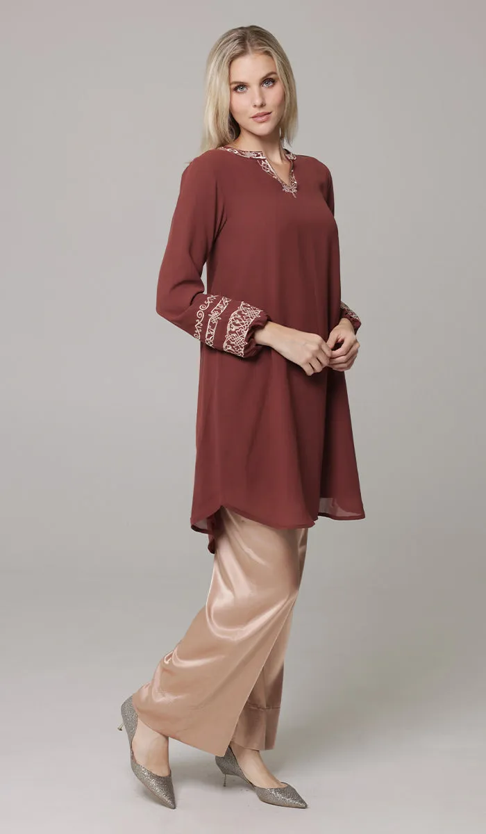 Hikmah Embroidered Modest Midi Tunic - Clay - PREORDER (ships in 2 weeks)