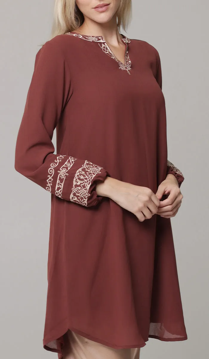 Hikmah Embroidered Modest Midi Tunic - Clay - PREORDER (ships in 2 weeks)