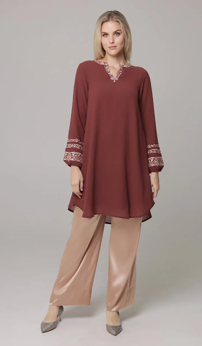 Hikmah Embroidered Modest Midi Tunic - Clay - PREORDER (ships in 2 weeks)