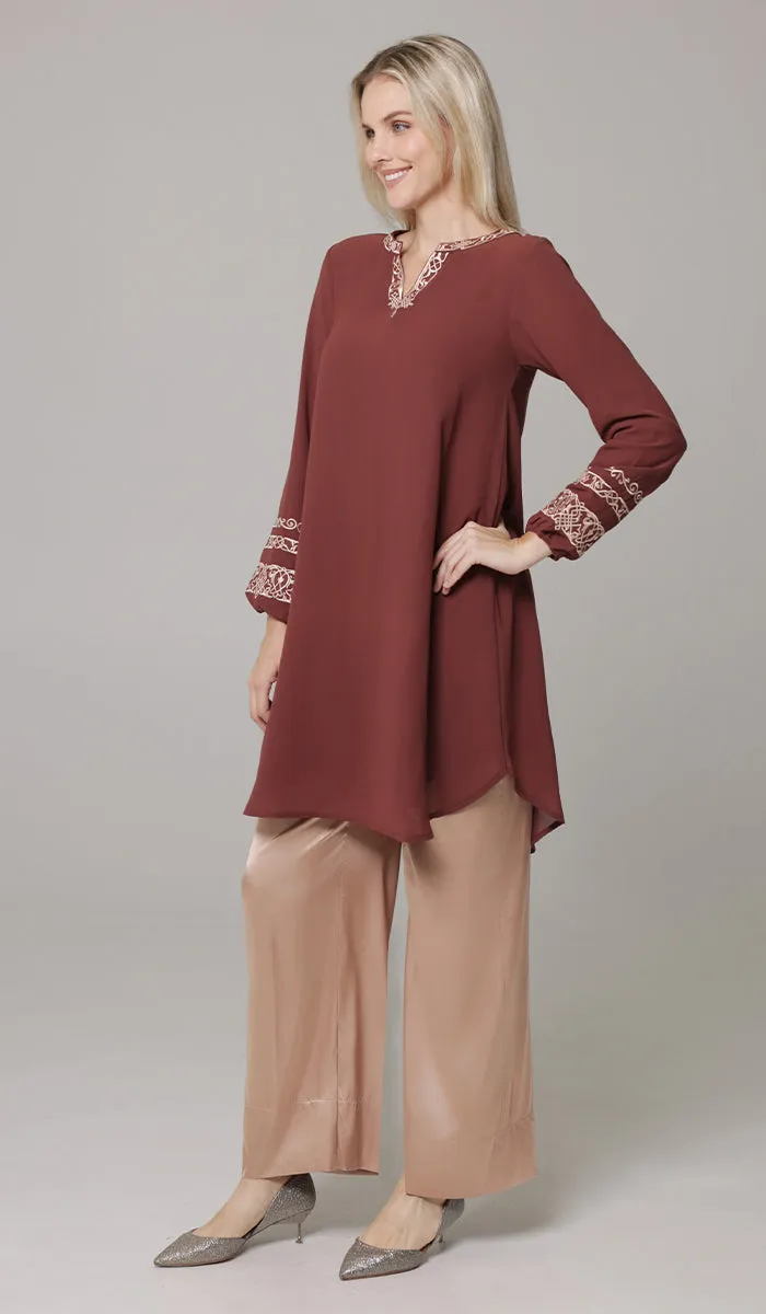 Hikmah Embroidered Modest Midi Tunic - Clay - PREORDER (ships in 2 weeks)