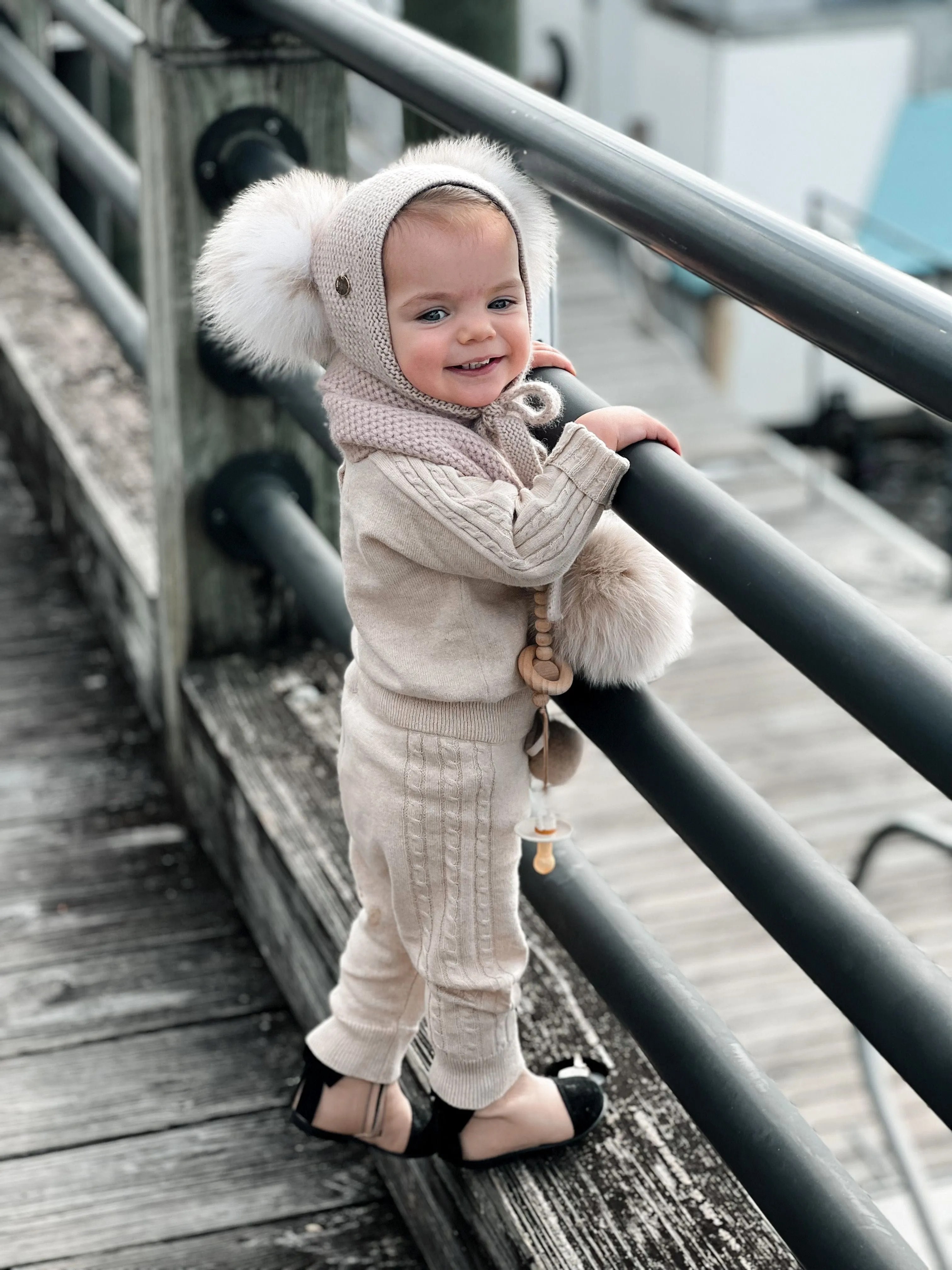 Honeycomb Beige Cashmere Bonnet with White Print Poms